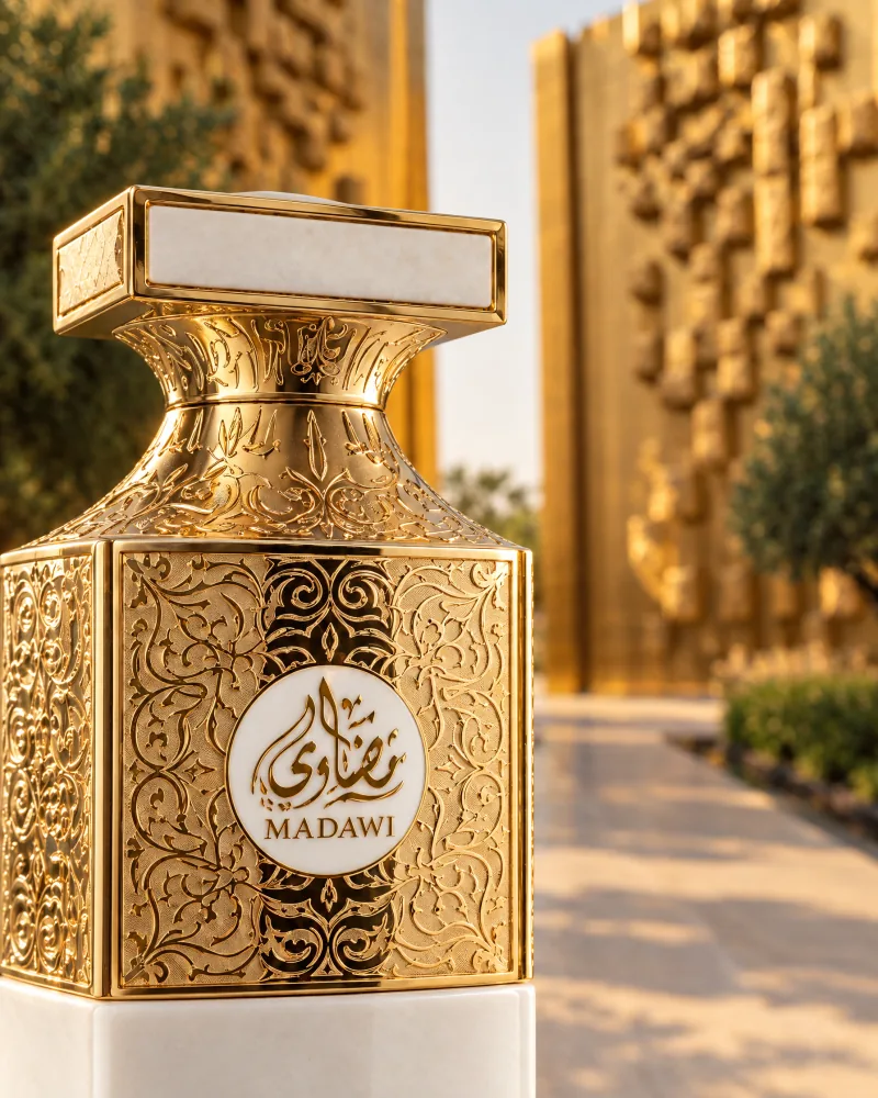 The Madawi bottle on a marble plinth between two golden walls