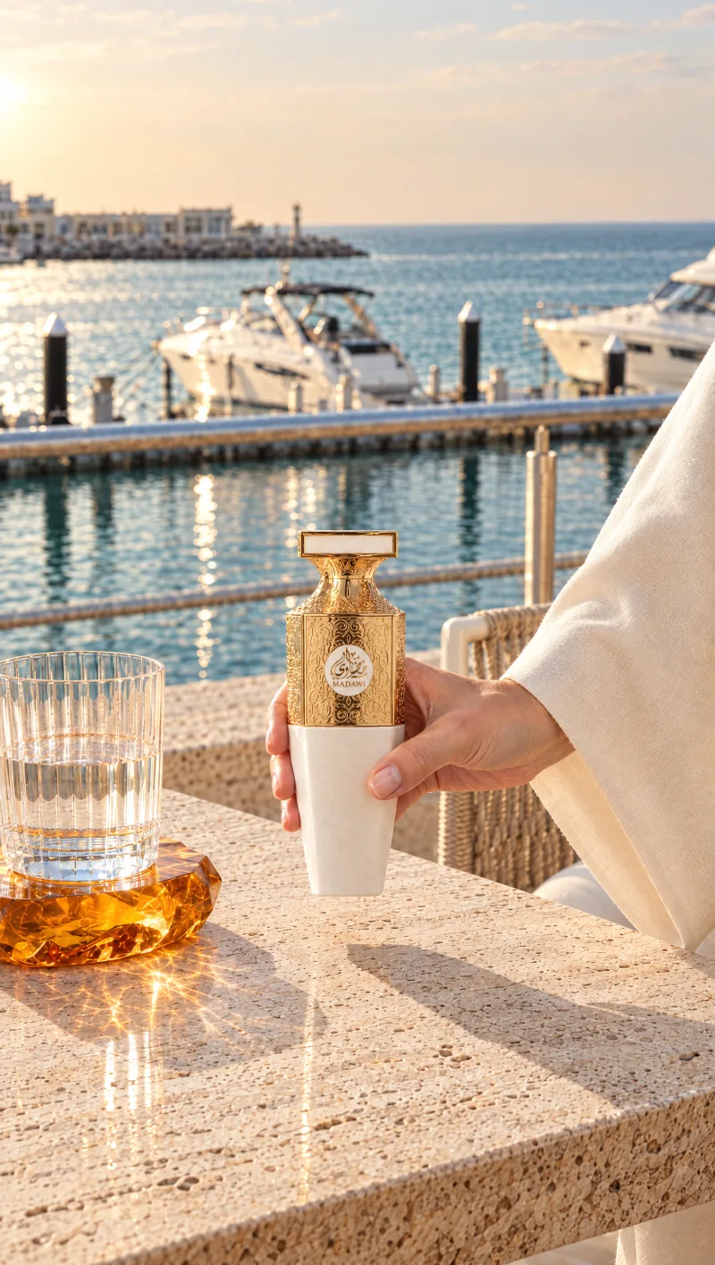 A hand holding Madawi White over the marina, story version