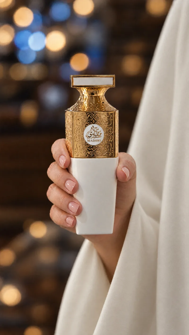 A hand holding Madawi White against evening lights, story version