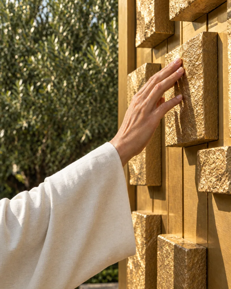 A hand touching a sculpted golden wall
